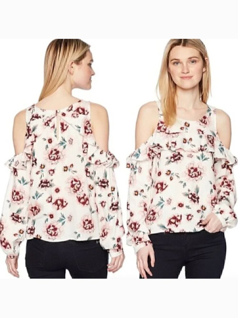 JACK BY BB DAKOTA Cold Shoulder Top Cream Ivory Pink Floral Boho Long Sleeve S